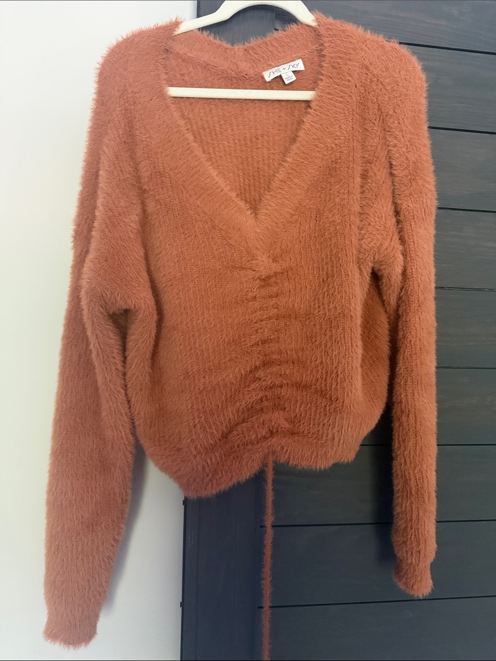 She + Sky Rust Orange Fuzzy V-Neck Sweater